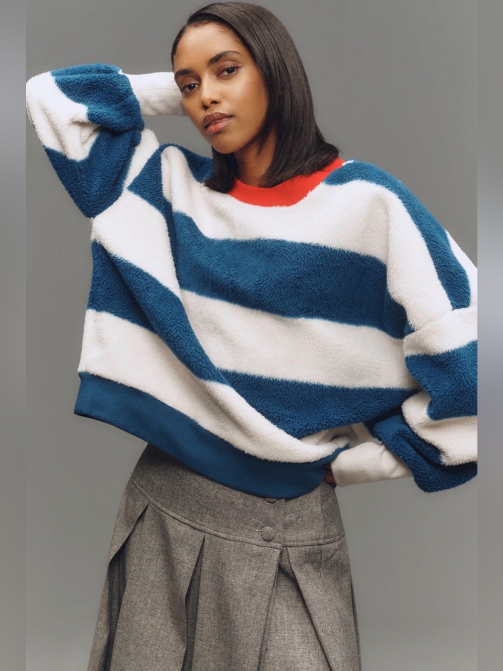 Maeve Cotton Sherpa Fleece Striped Sweater in Blue and White